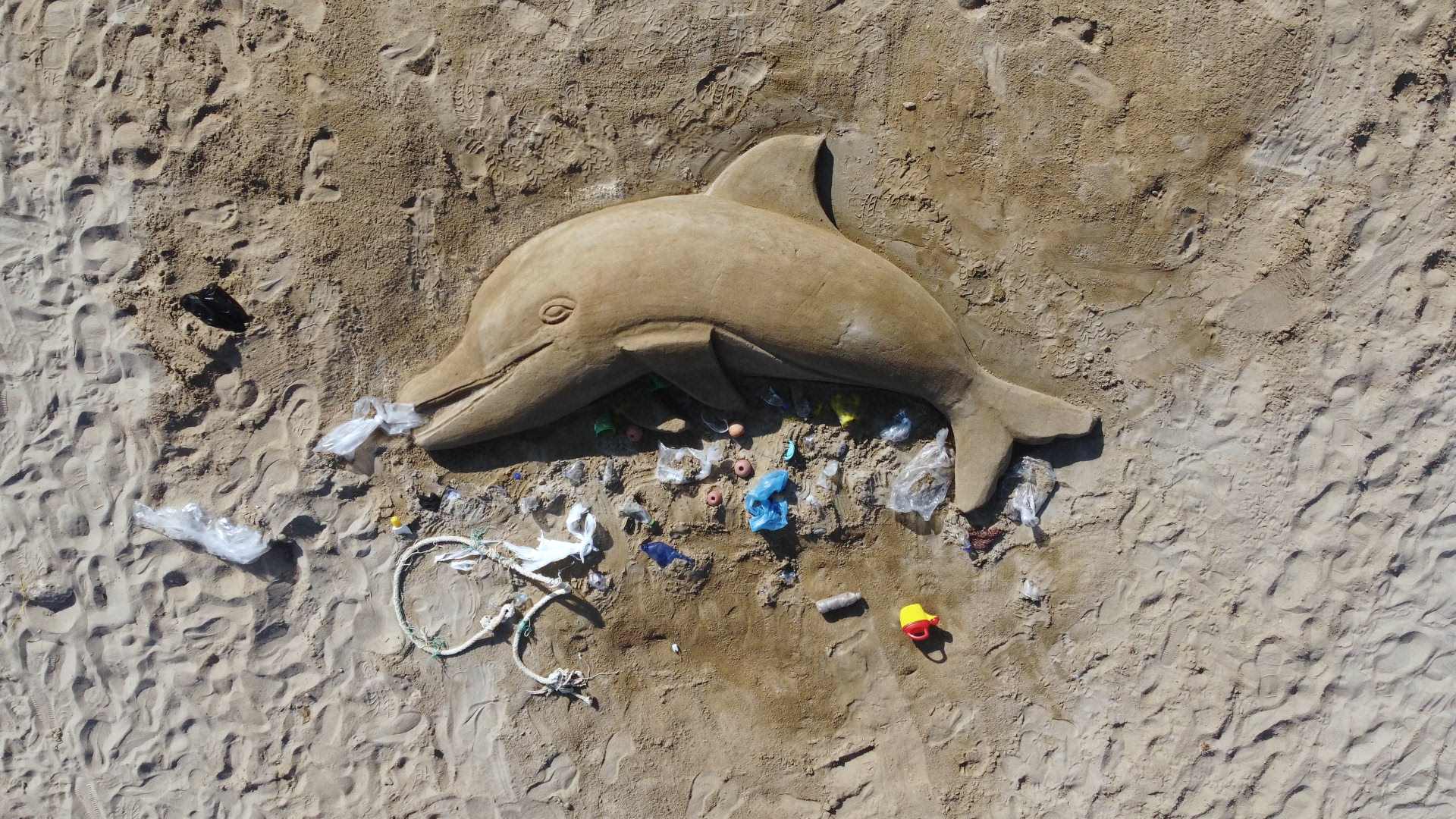 Νεκρό δελφίνι στην άμμο φιλοτέχνησε ο Κρητικός γλύπτης Μ. Χαρκούτσης