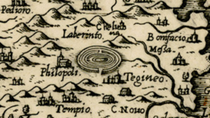 Το ιερό κορυφής στην Παπούρα, ως «Λαβύρινθος» σε άγνωστους βενετσιάνικους χάρτες του 1574 και 1598