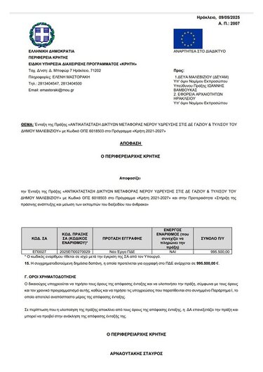 ΔΕΥΑ Μαλεβιζίου, Απόφαση, Χρηματοδότηση 