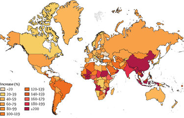 χάρτης με την αύξηση των υπέρβαρων και παχύσαρκων εφήβων την περίοδο 1990-2021