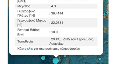 Σεισμός 4,3 Ρίχτερ ανοιχτά του Γερολιμένα Λακωνίας