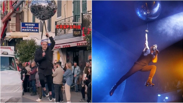 Καρναβαλιστής ντύθηκε Ηλίας Βρεττός και κρεμόταν από ντισκόμπαλα σε γερανό